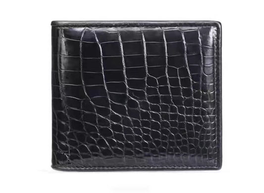 Black Mens Alligator Leather Bifold Wallet Passcase Crocodile Hornback Extra Capacity Billfold Wallet RFID Blocking Double Side Handmade By Vietnamese VINAM-98